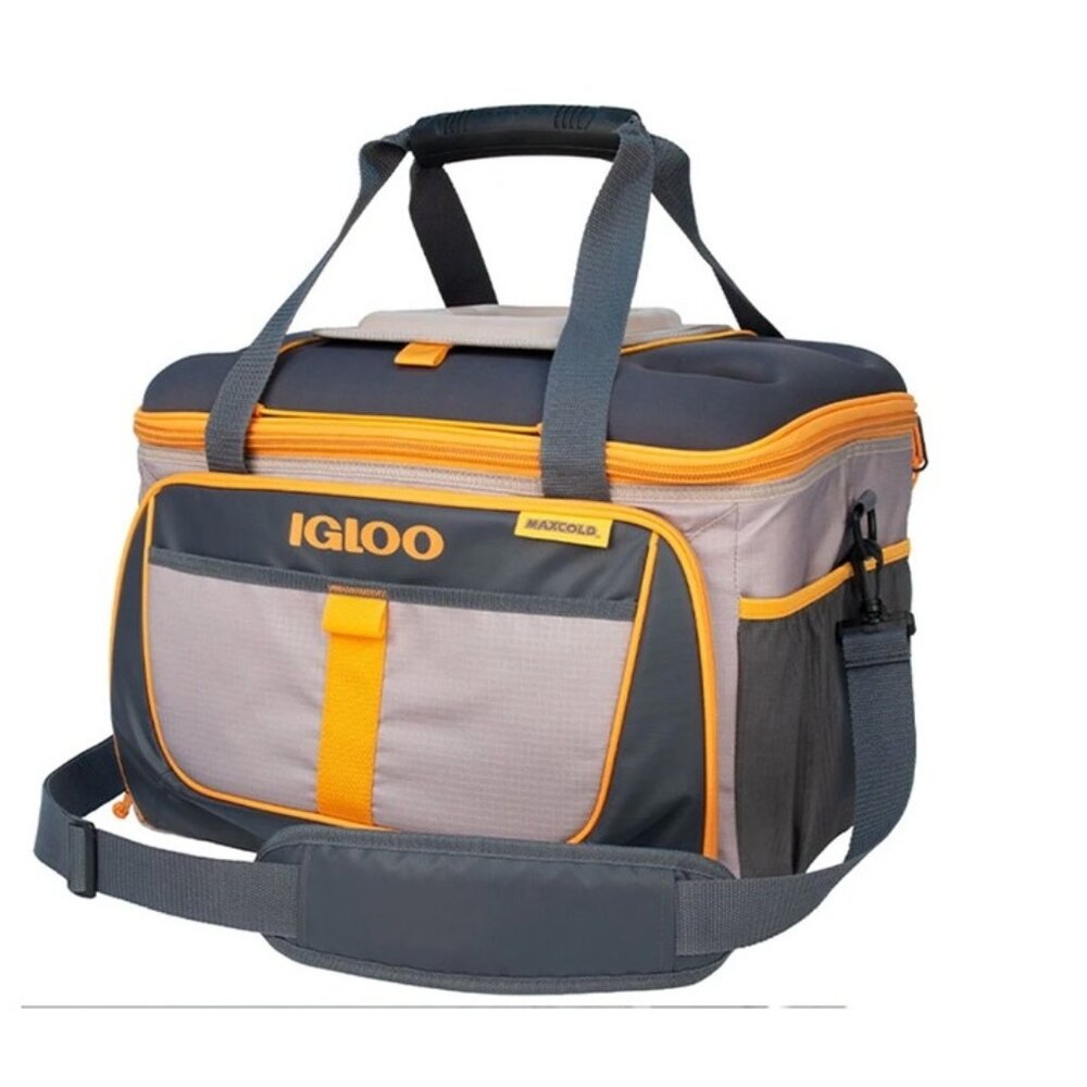 Igloo MaxCold 50 Can Soft Sided Cooler Bag Gray‎ Orange with Cup Holders Hatch